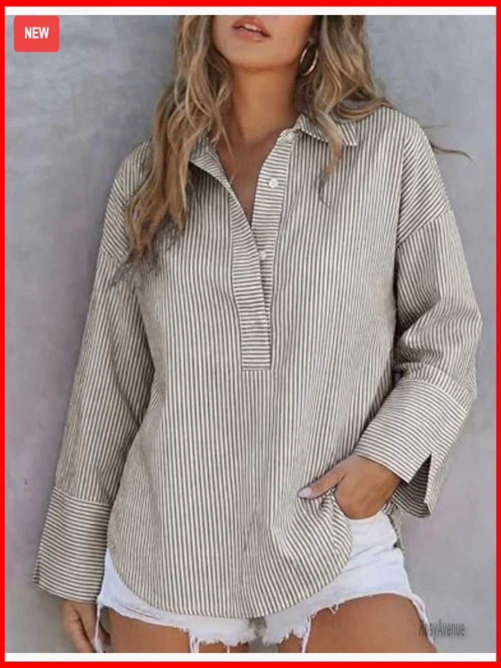 Oversized Striped Button Down Henley Shirt Long Sleeve Blouse - Picture 2 of 7